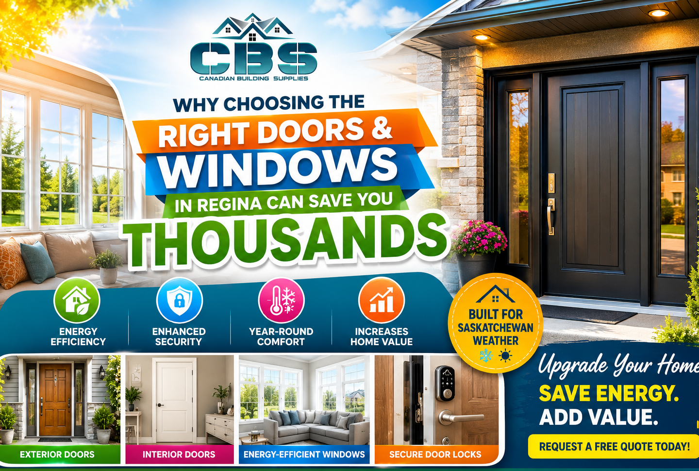 Modern doors and windows Regina graphic with CBS logo