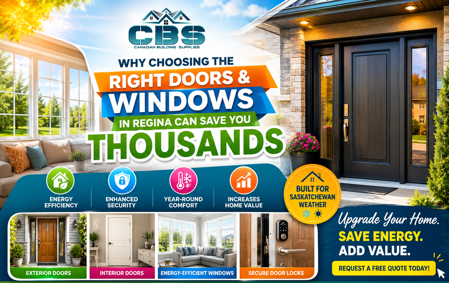 Modern doors and windows Regina graphic with CBS logo